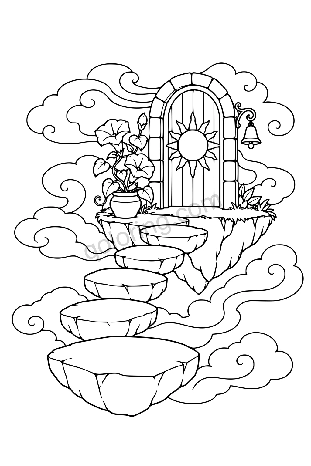 Black outline drawing of floating stone steps leading to a sun doorway among clouds.