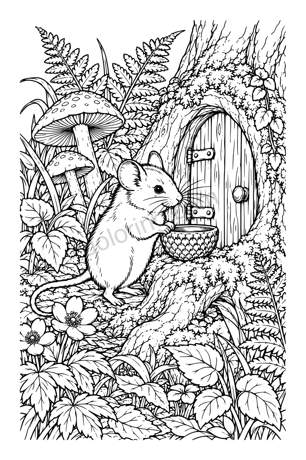 A mouse resting its paws on a bowl’s rim beside a wooden door in a mossy tree, with mushrooms and ferns.