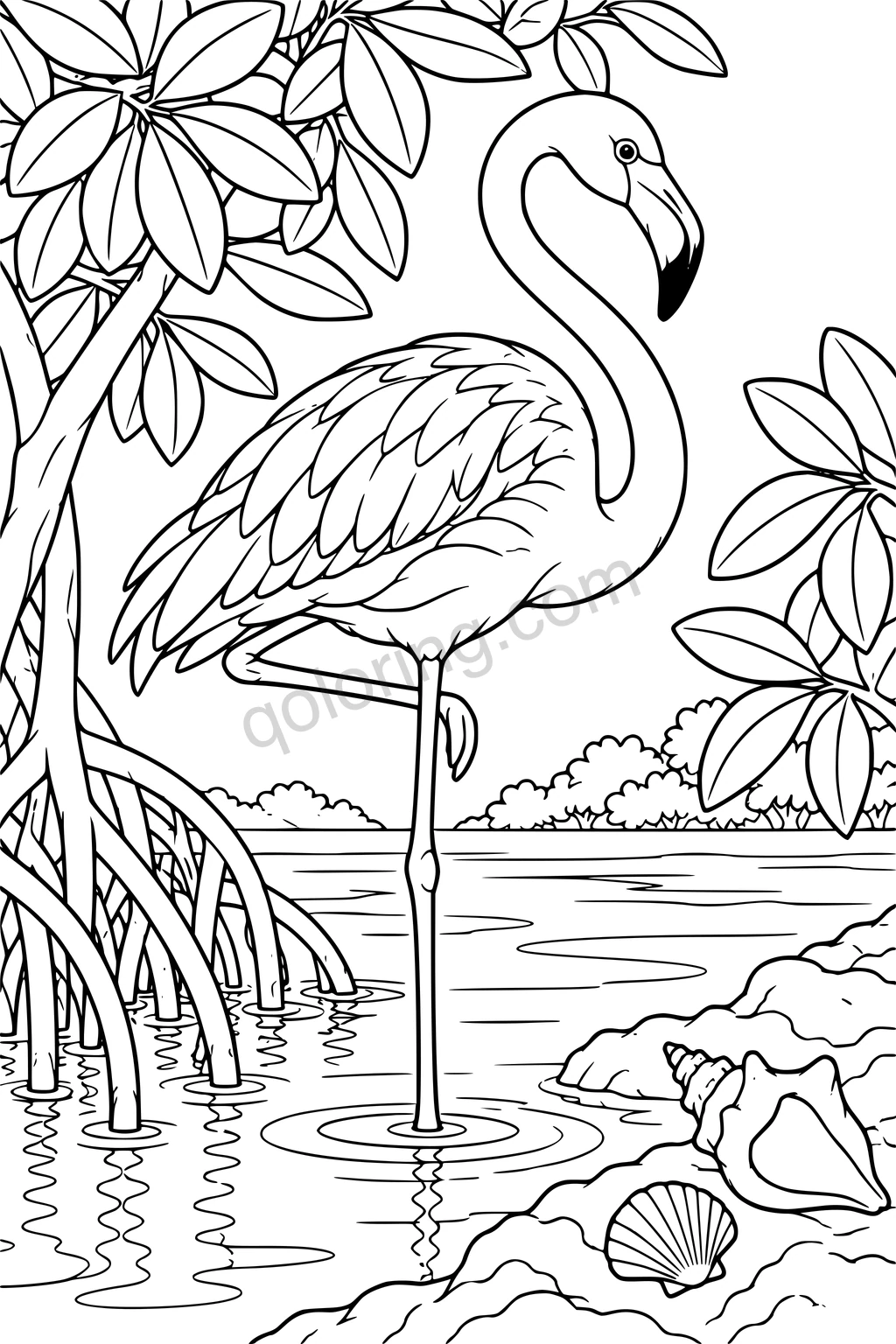 A flamingo stands on one leg in a mangrove lagoon, with broad leaves, exposed roots and shells.