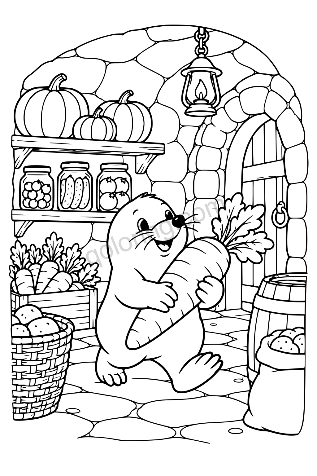 Mole carrying a large carrot in a stone cellar with pumpkins, jars, vegetable baskets, and a lantern.