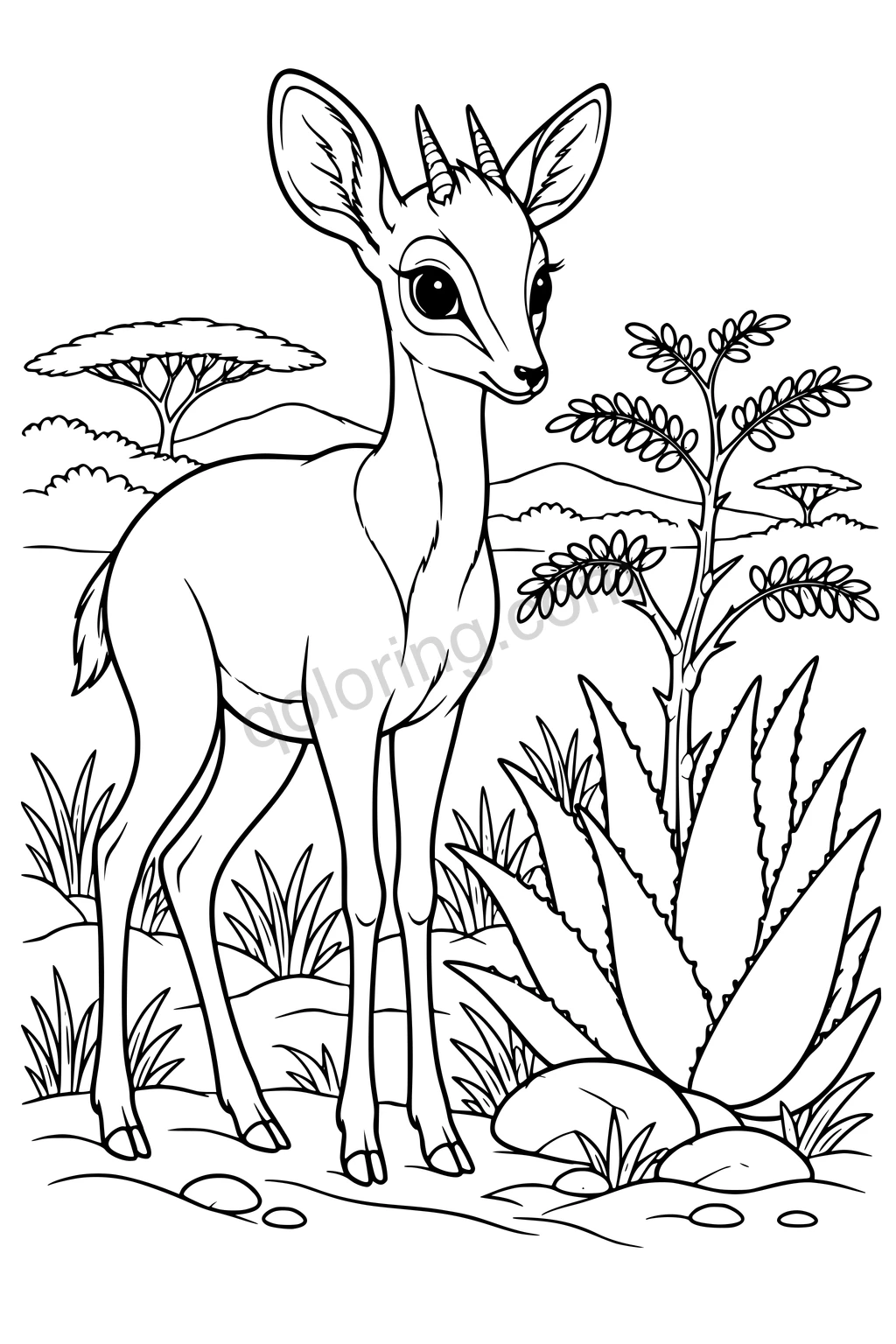 Black outline drawing of a dik-dik beside an acacia seedling.
