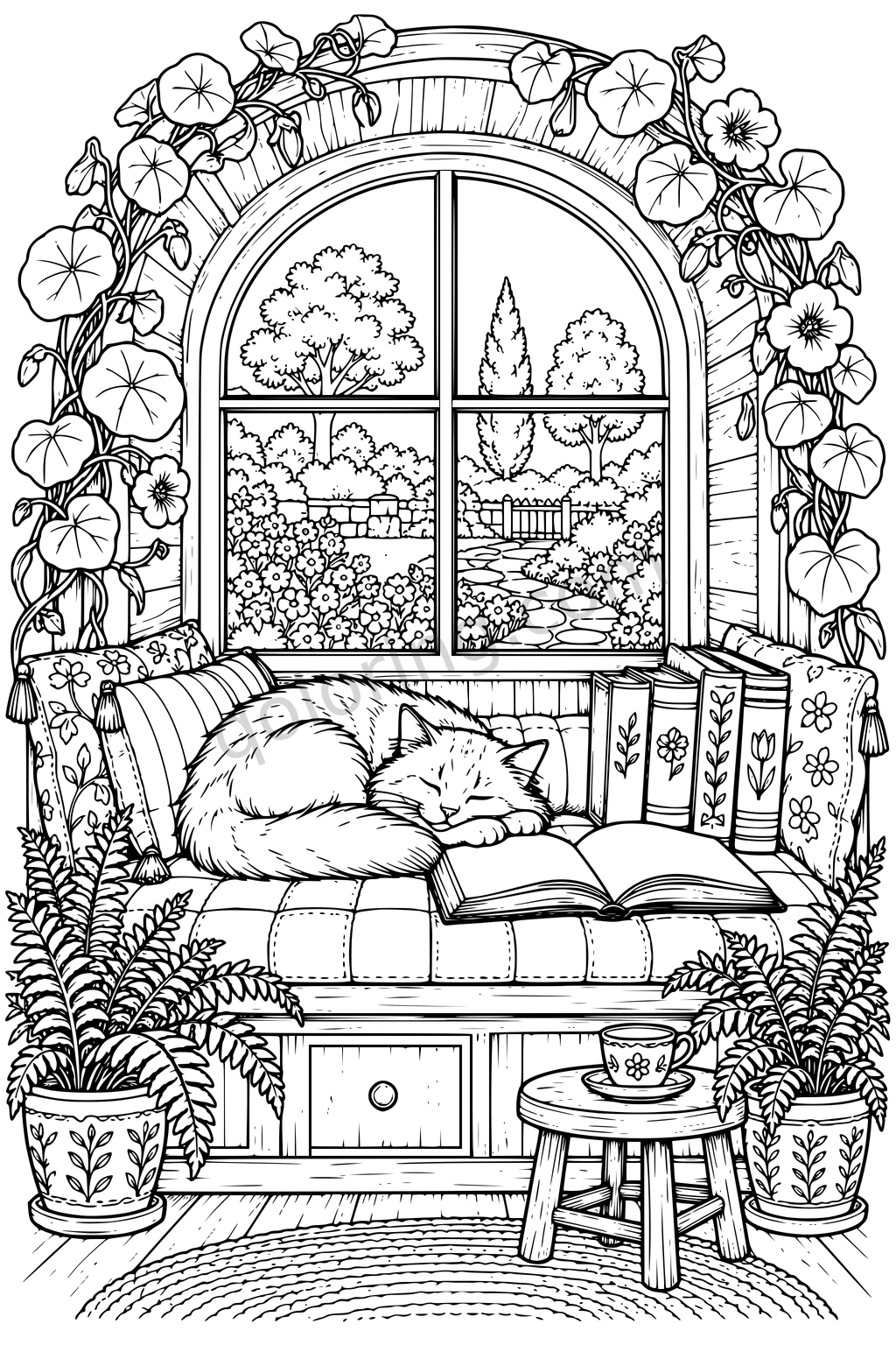 A sleeping cat rests beside an open book on a cushioned window seat framed by flowers and potted ferns.