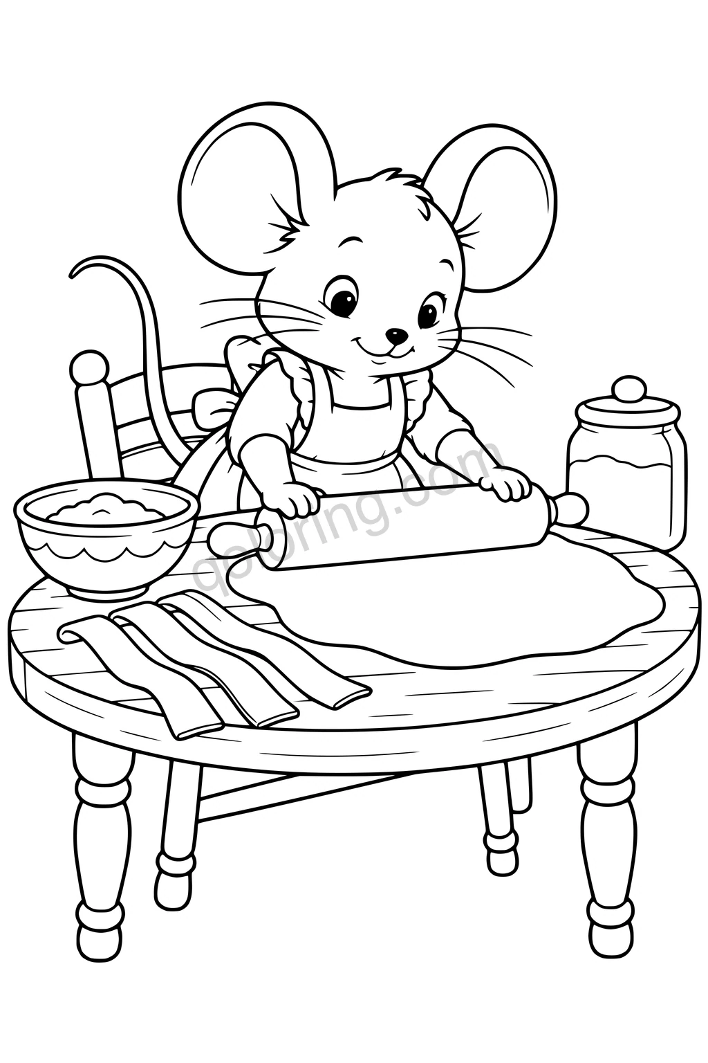 Black outline drawing of a mouse using a broad rolling pin on a large sheet of pasta at a kitchen table, with a bowl, three broad pasta ribbons and a simple flour jar.