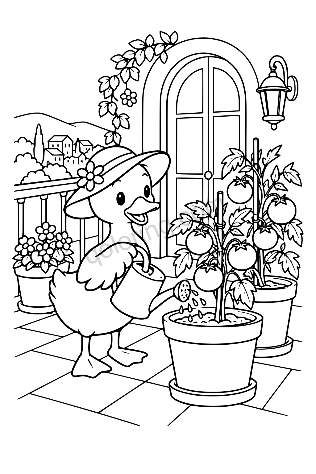 Duck watering two tomato plants on a balcony beside an arched door and potted flowers.