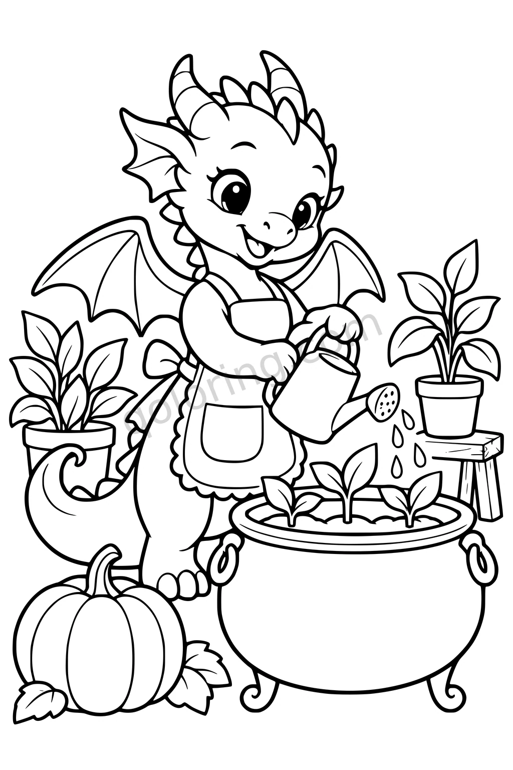 A small dragon in an apron waters three seedlings growing in a cauldron beside potted plants and a pumpkin.
