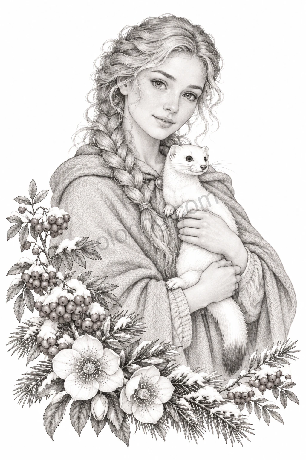 A braided woman in a knitted shawl holds a small white woodland companion among rowanberries, winter flowers and evergreen sprigs.