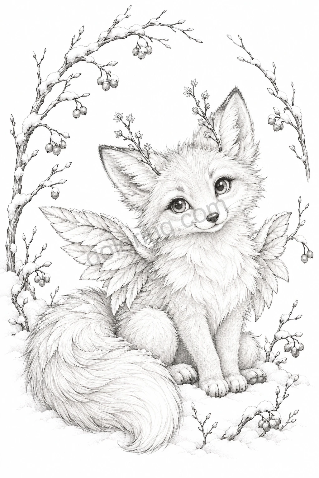 A fluffy winged fox sits beneath a delicate arch of snow-dusted branches.