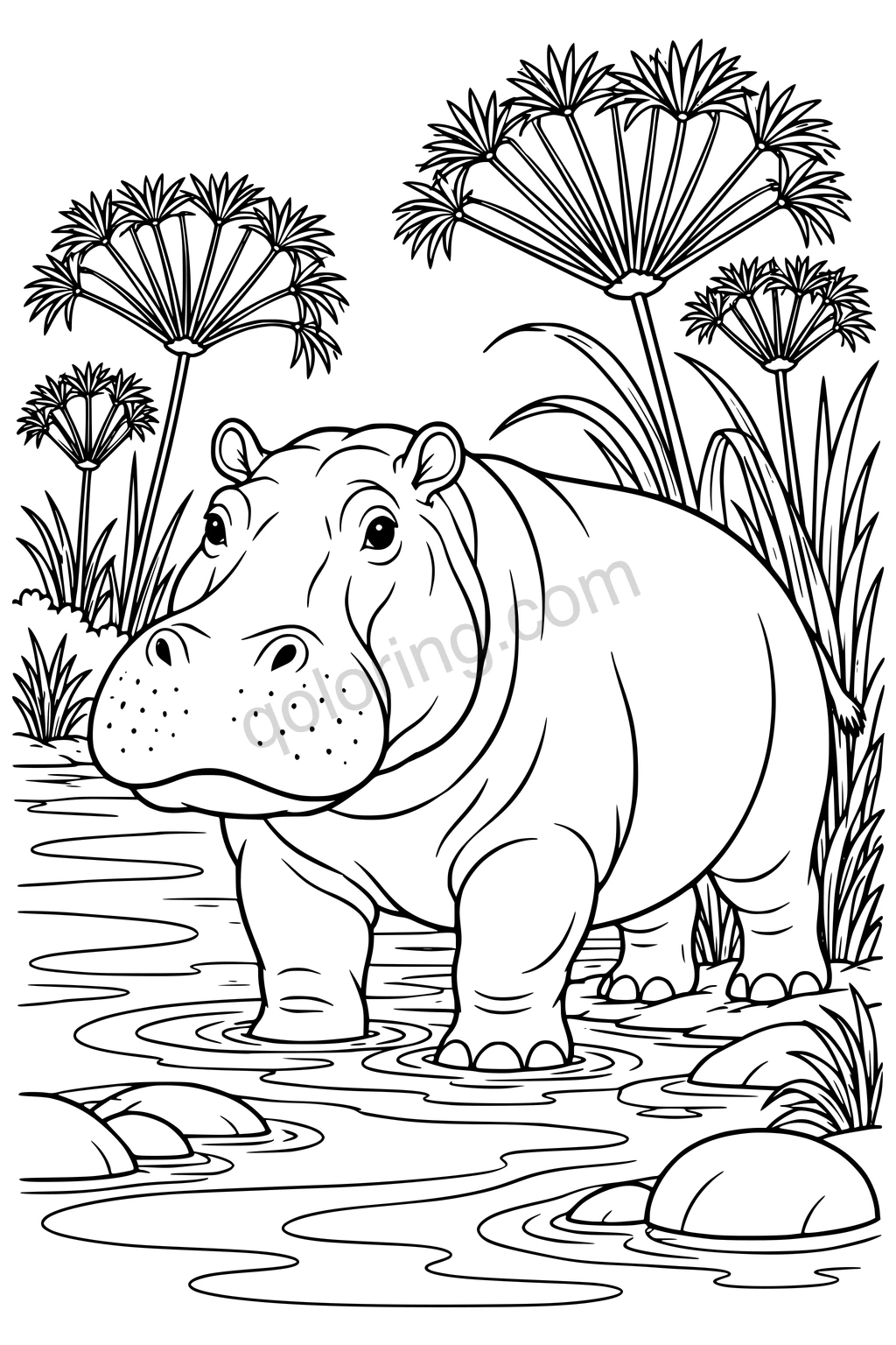 Black outline drawing of a hippopotamus beside papyrus.