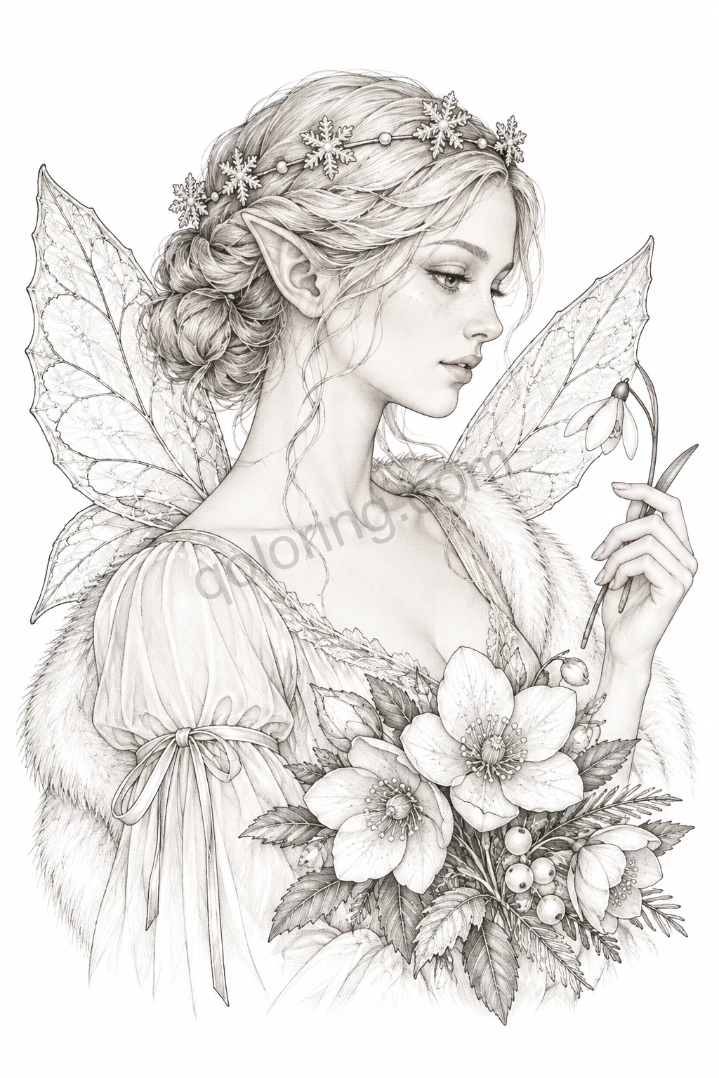 A winged frost fairy with braided hair holds a snowdrop above hellebores, berries and winter leaves.
