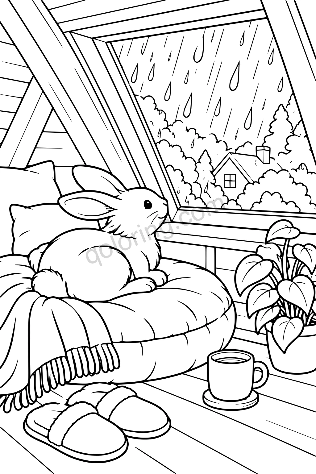 Black outline drawing of a rabbit curled on a broad floor cushion under an attic window watching large raindrops, with a pair of slippers, a small mug and one leafy plant.