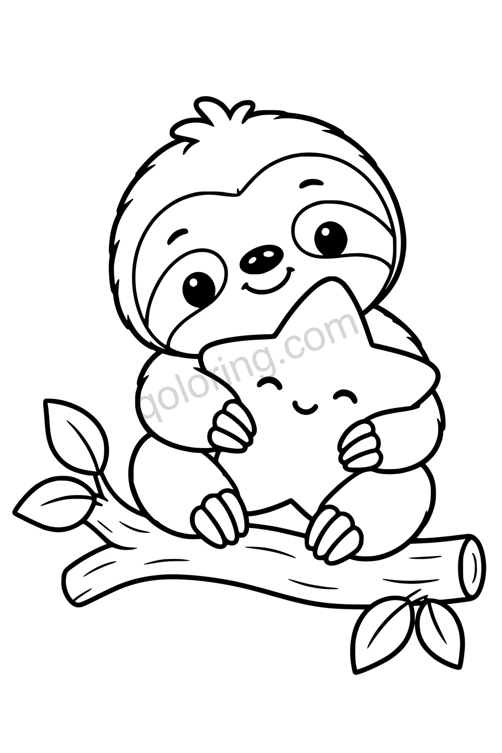 Black outline coloring page: Baby Sloth with a Star Cushion.