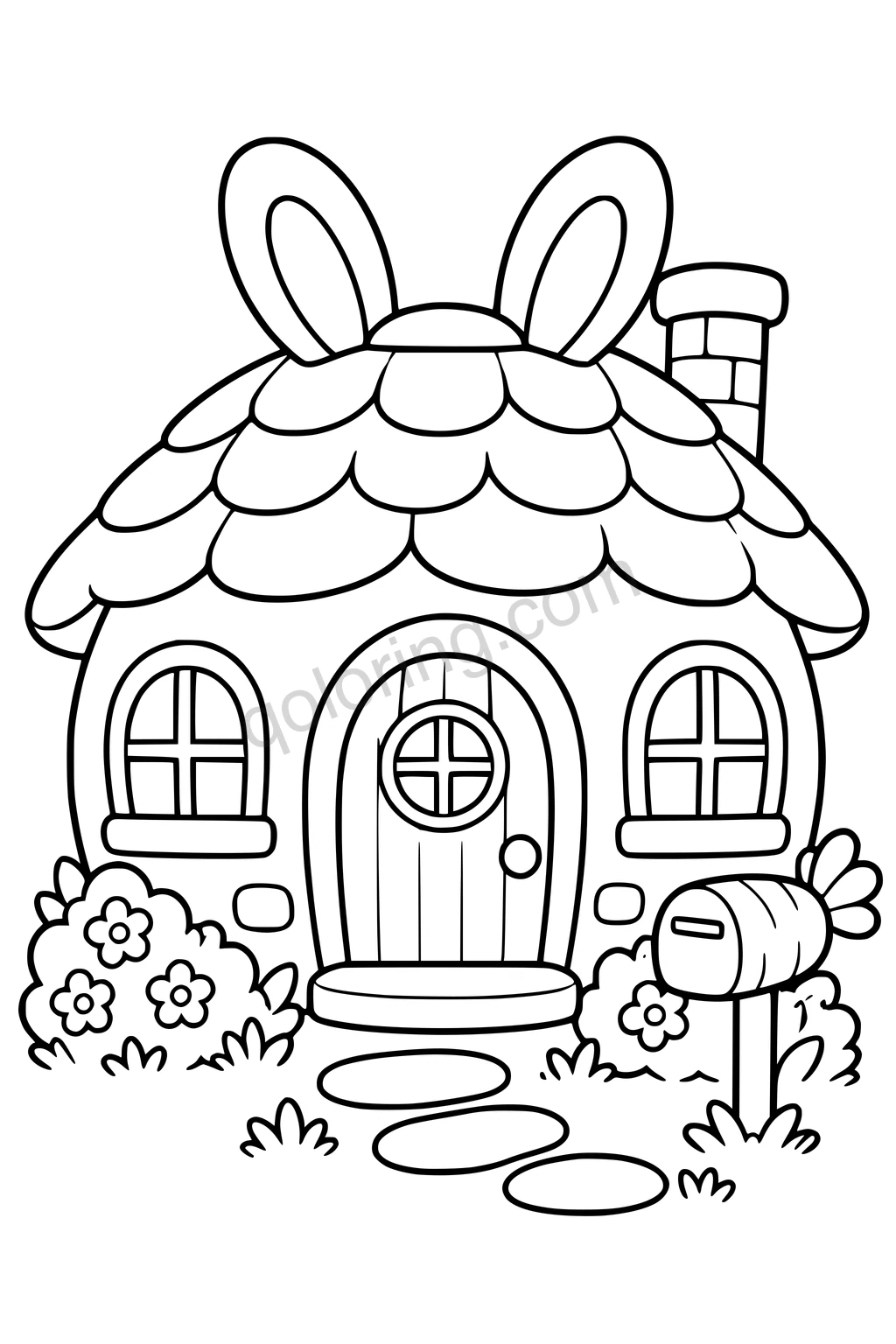 Black outline coloring page: Bunny Cottage with a Carrot Mailbox.