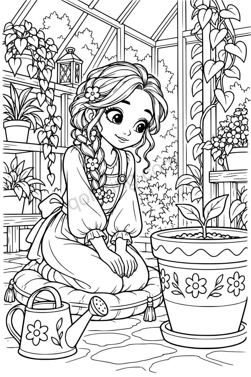 A girl kneels on a cushion beside a potted plant and watering can in a greenhouse with trailing vines.