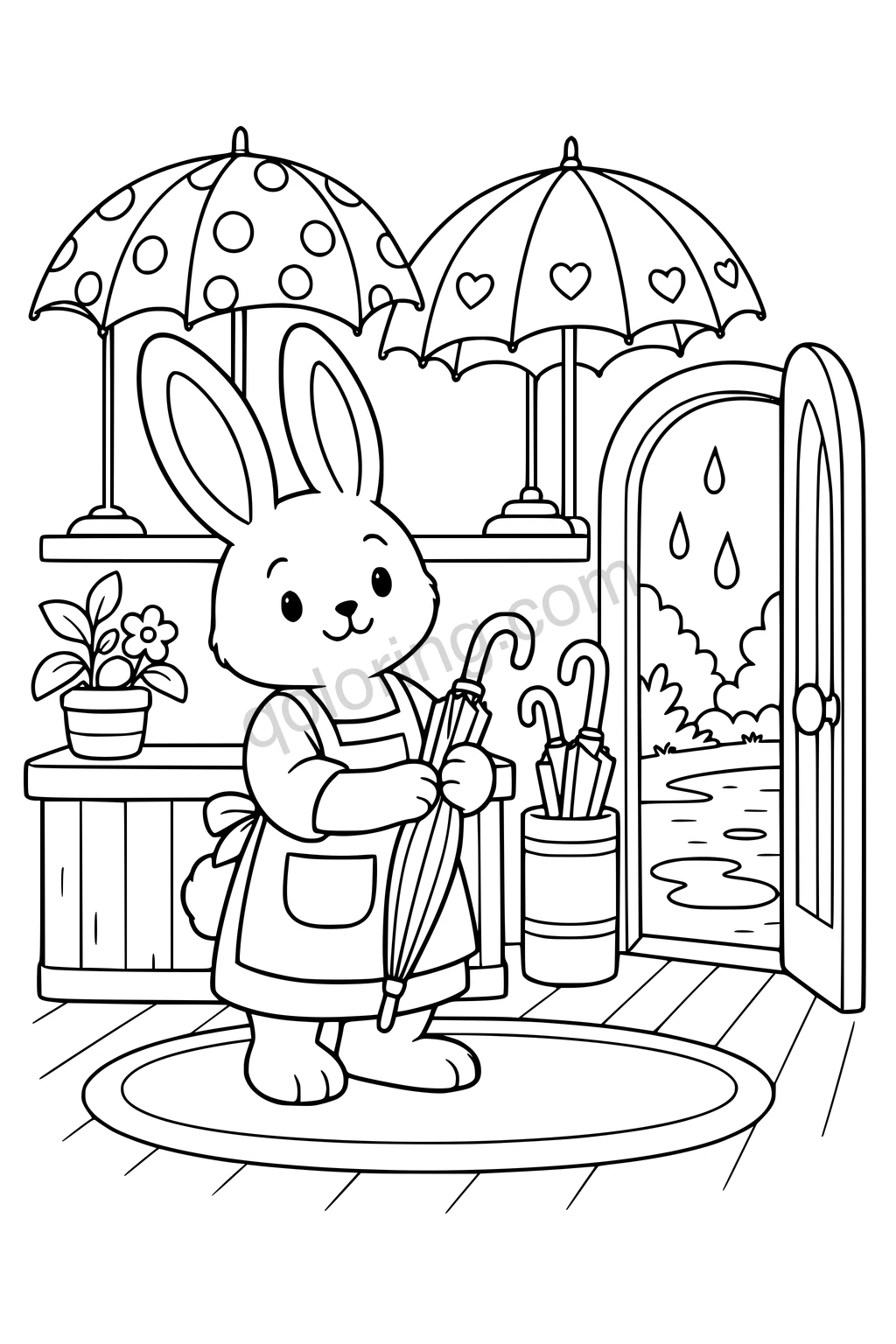 Bunny holding a closed umbrella in a shop with patterned umbrellas, umbrella stand, and rainy doorway.
