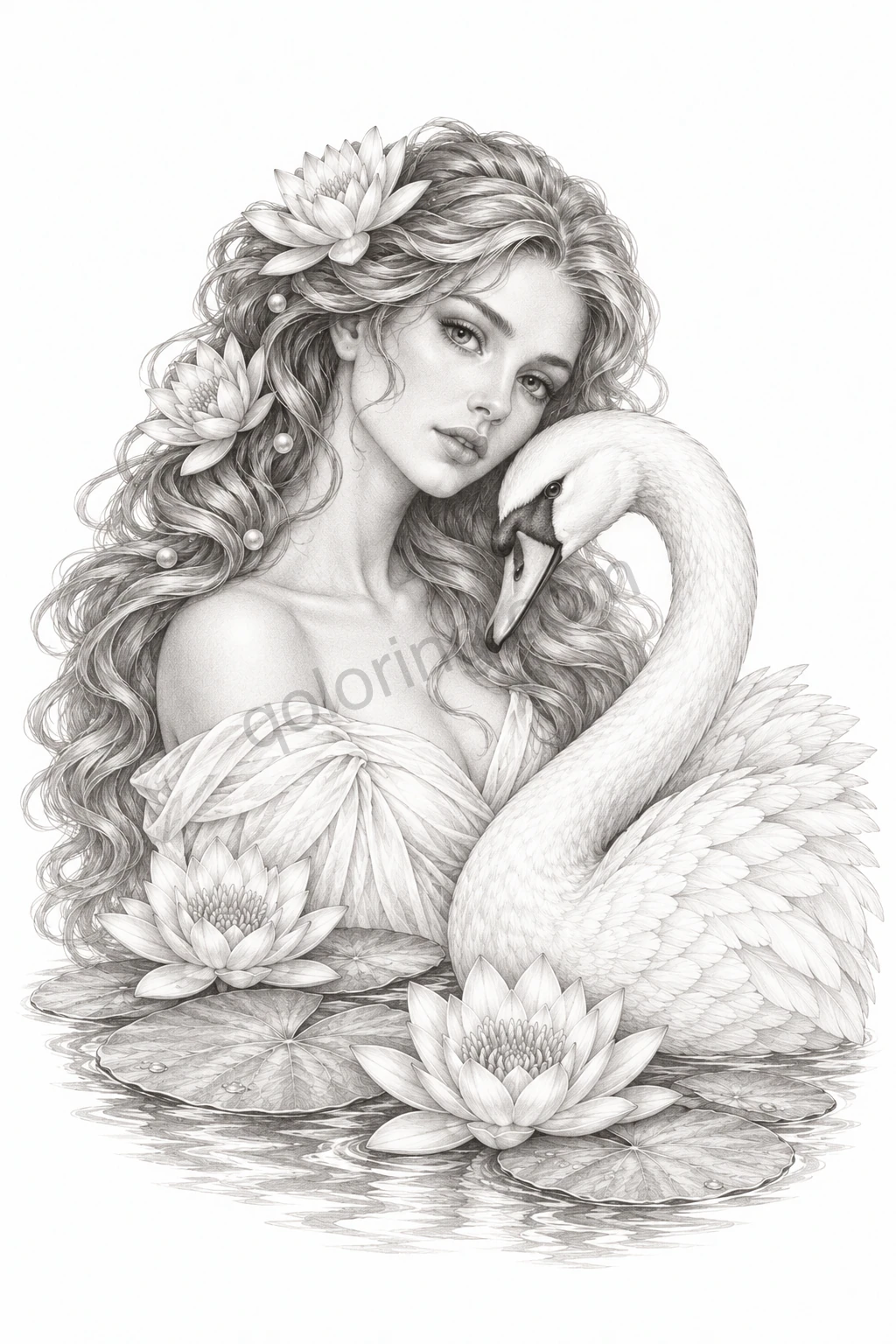 Grayscale portrait of a woman with wavy hair beside a swan and water lilies.