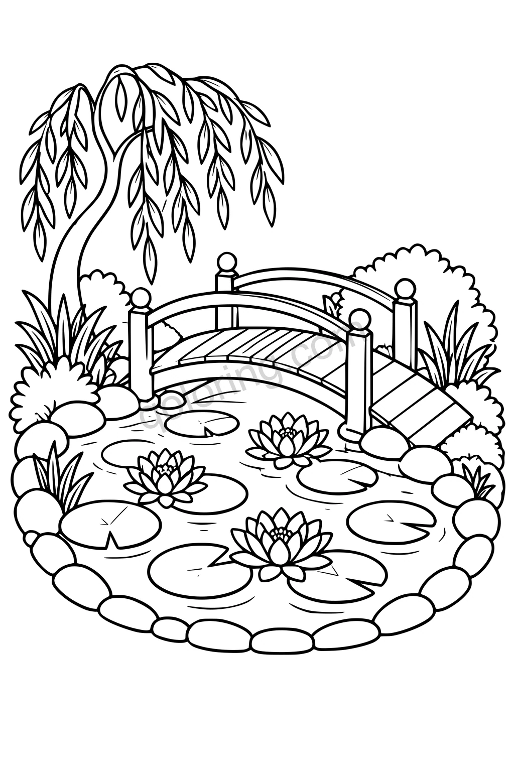 Black outline drawing of an arched bridge over a lily pond with stones, bushes, and a willow tree.