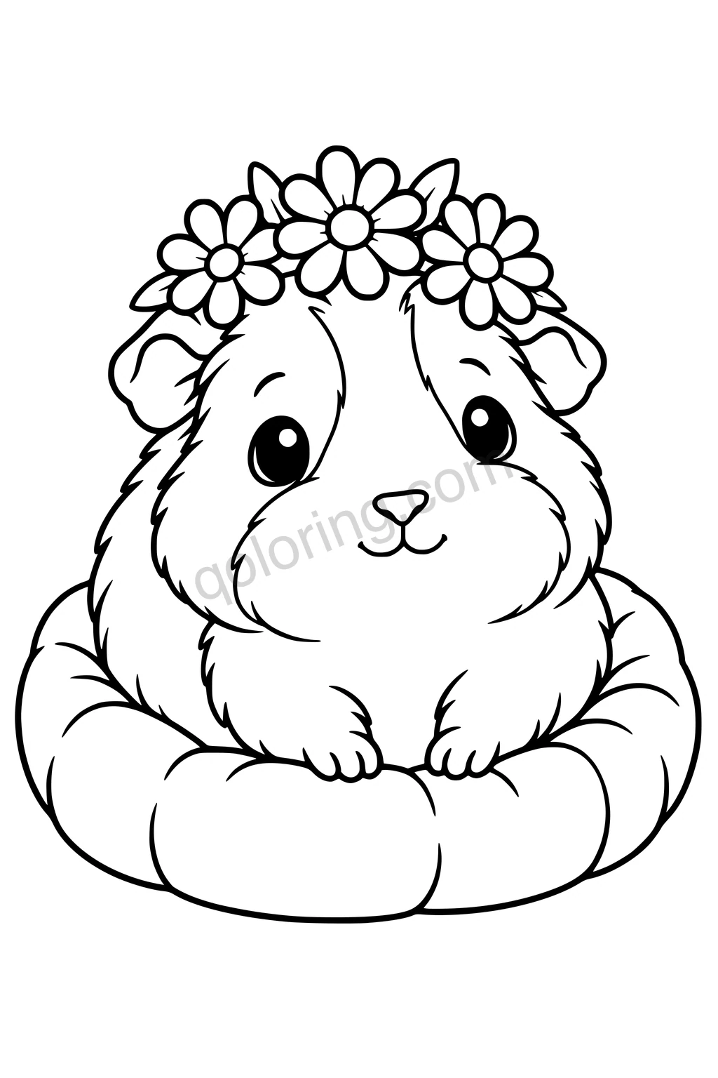 Black outline coloring page: Guinea Pig in a Flower Crown.