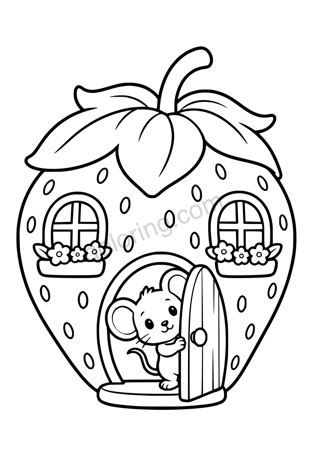 Black outline coloring page: Mouse House in a Strawberry.