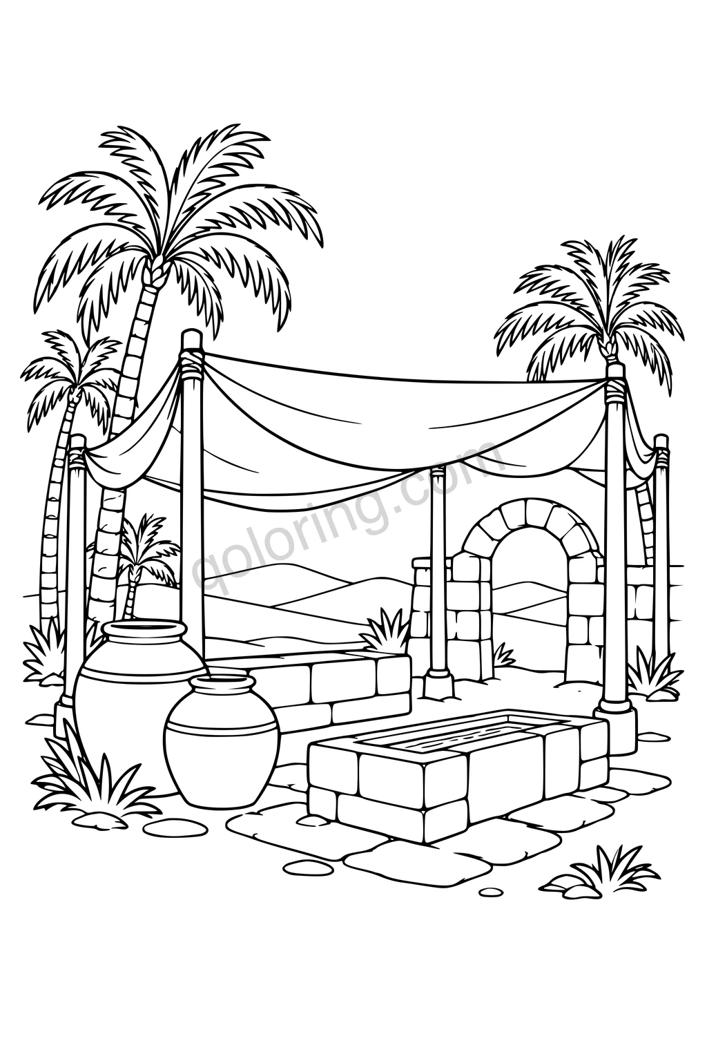 Black outline drawing of a desert rest stop with a canopy, water jars and palm trees.
