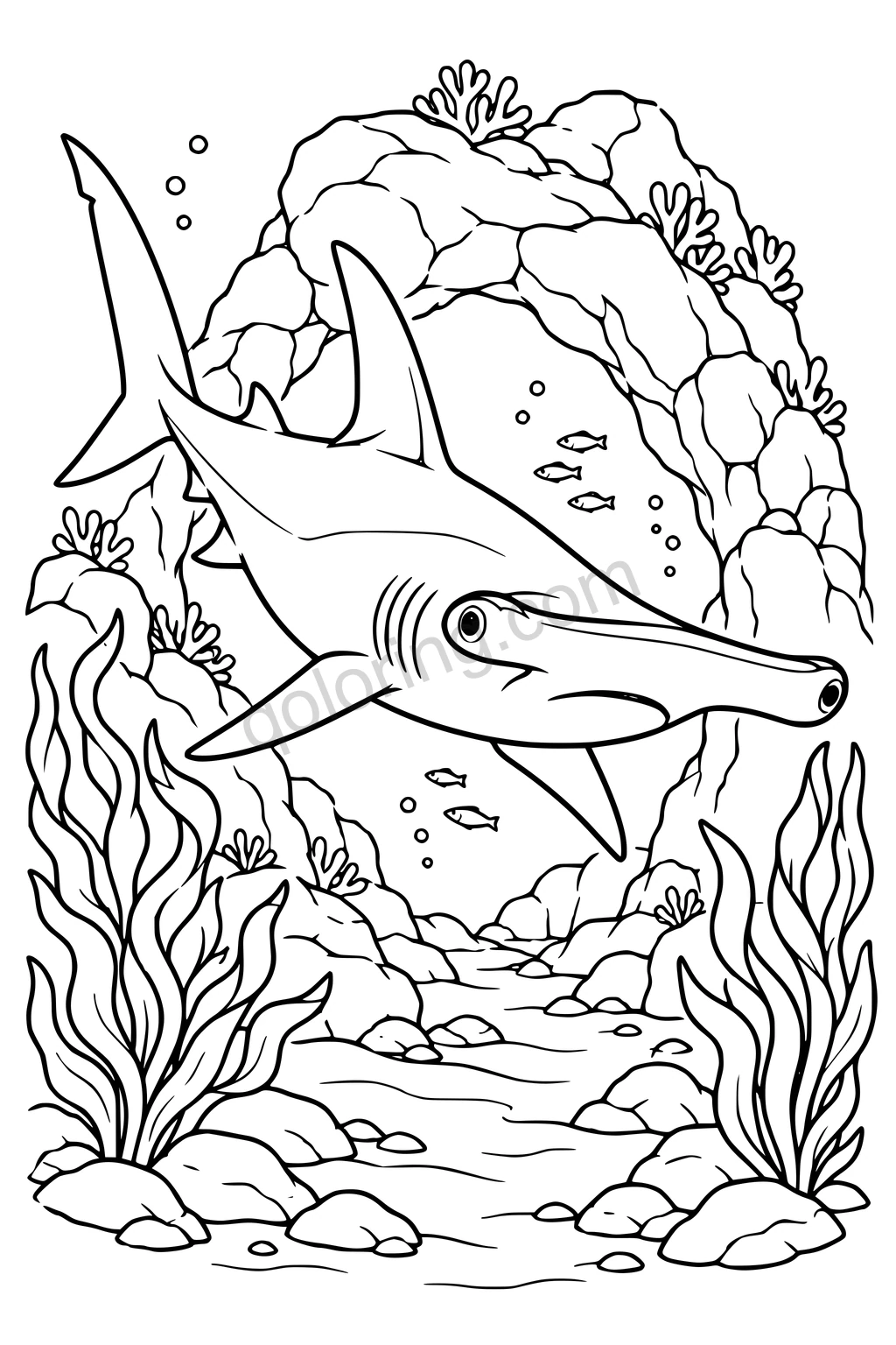 Black outline drawing of a hammerhead shark around a rock arch.