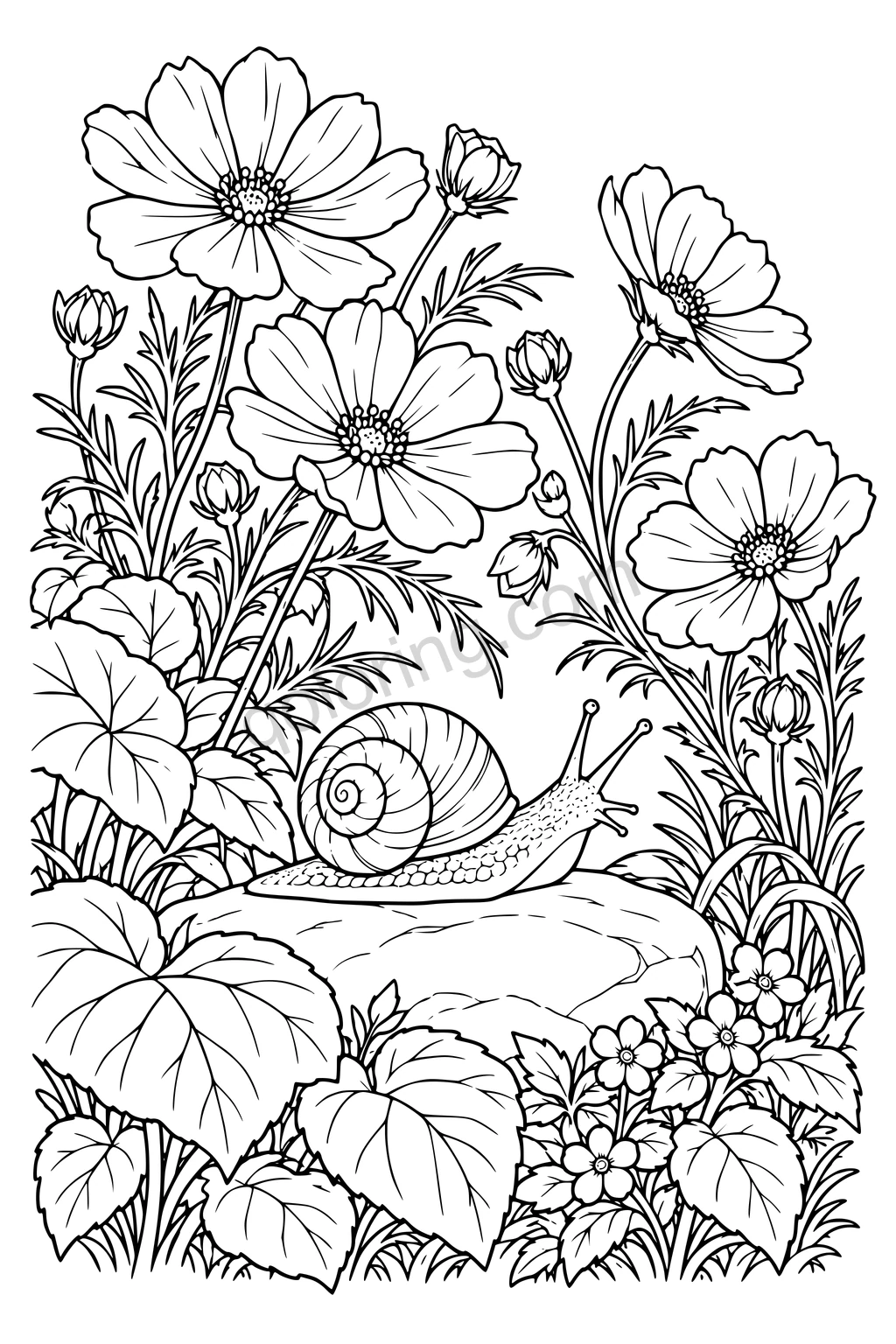 Spiral-shelled snail on a stone among tall flowers, buds, leafy stems and smaller blossoms.