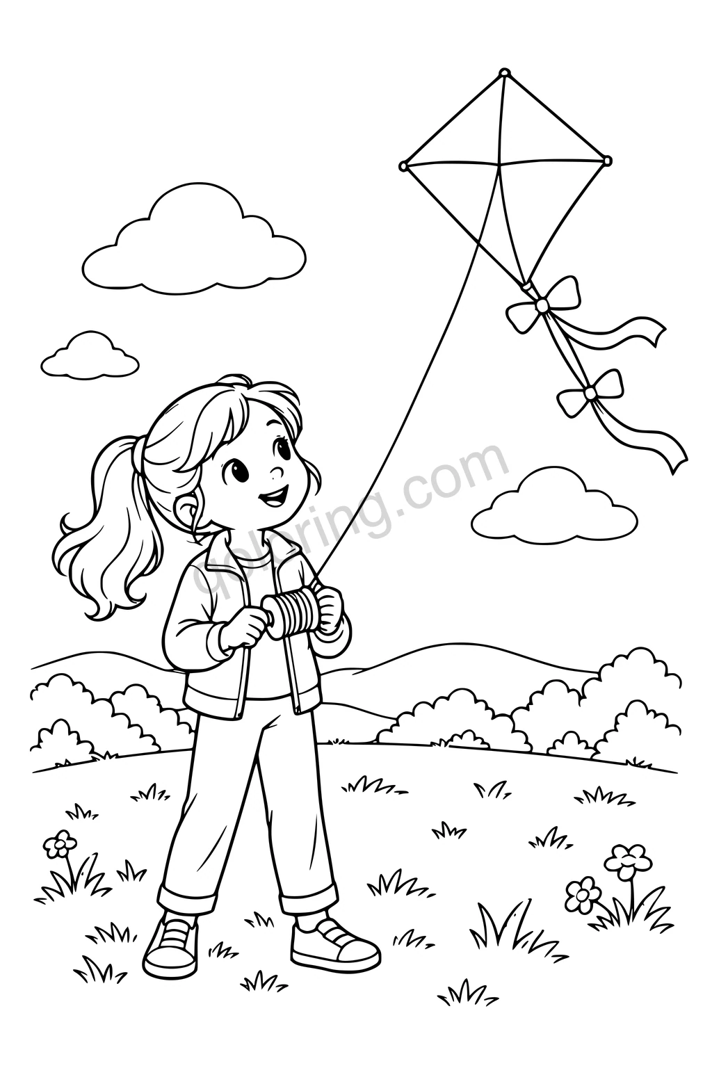 Black outline drawing of a girl flying a diamond kite above a meadow.