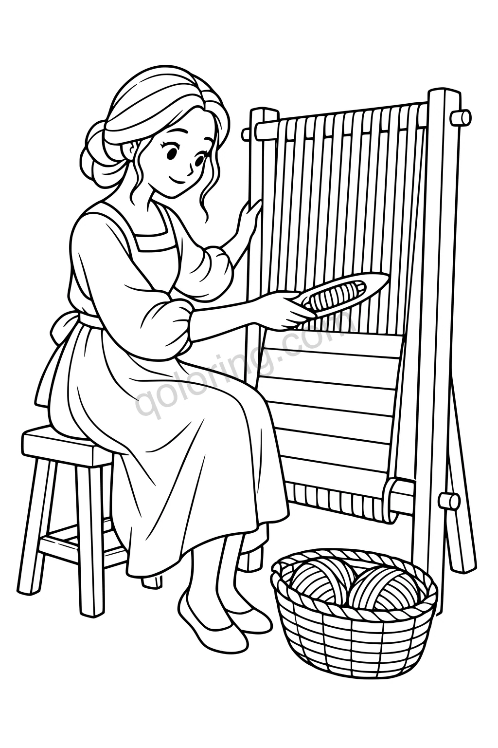 Black outline drawing of a seated woman weaving at a frame loom beside yarn baskets.