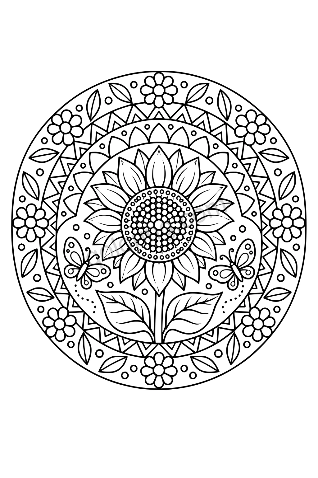 Large sunflower and two butterflies inside circular bands of petals, leaves, small flowers, dots and triangles.
