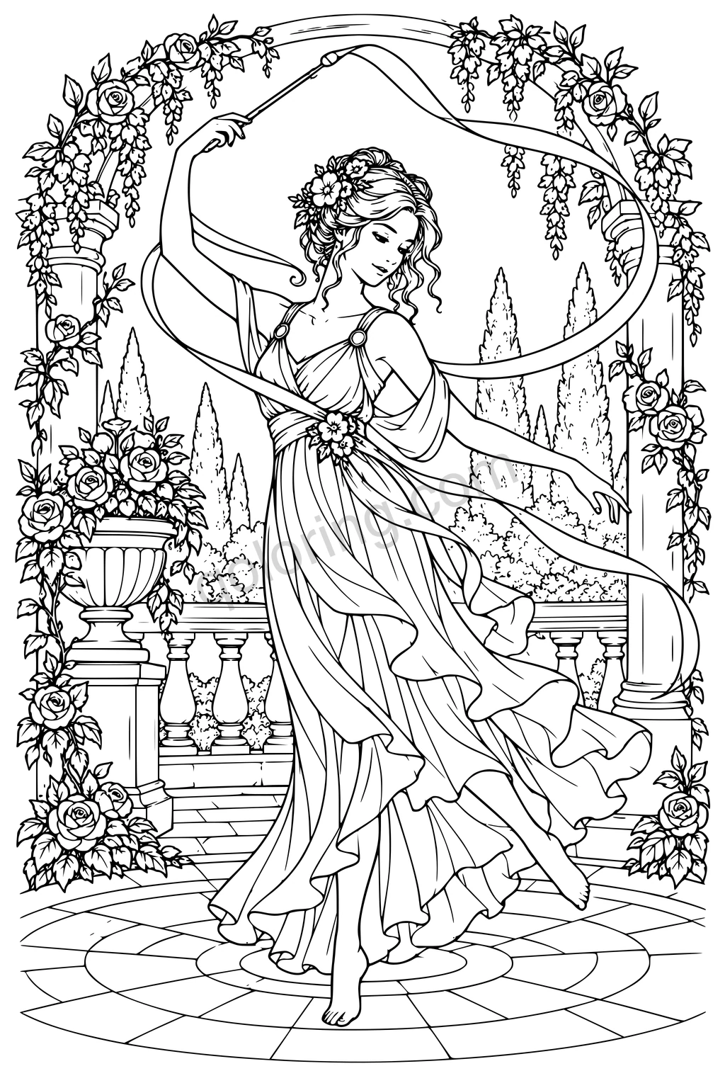 A barefoot dancer in a flowing dress holds a ribbon wand beneath a rose-covered pavilion, with columns and trees behind her.