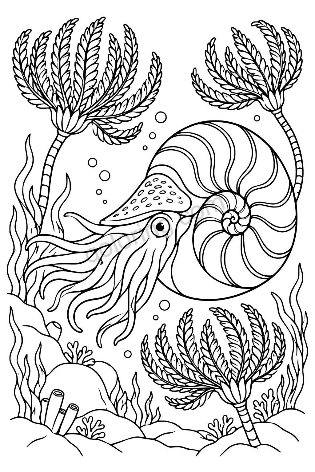 Black outline drawing of a nautilus among deep sea lilies.