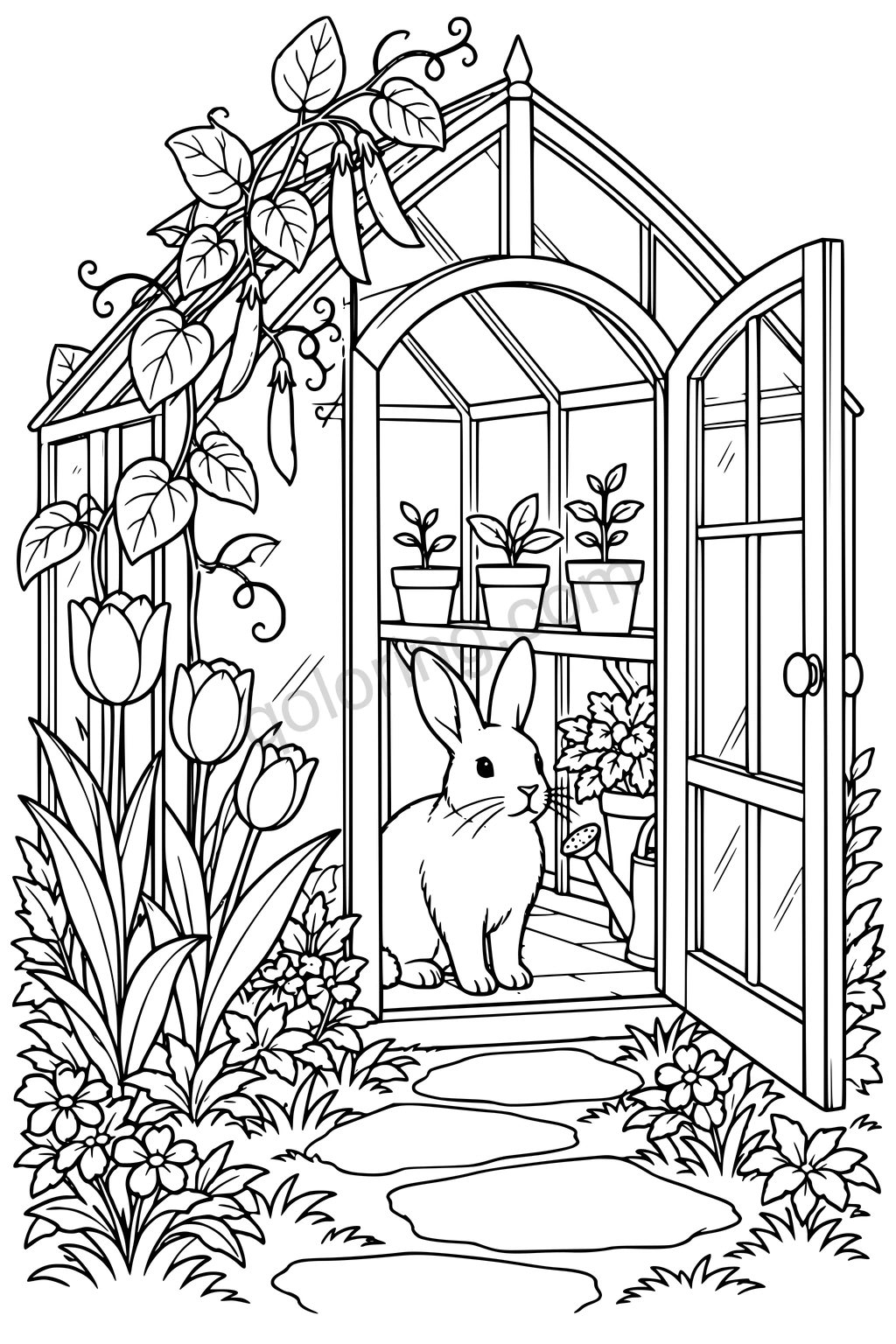 Black outline drawing of a rabbit in an open greenhouse with potted plants, a watering can, flowers, and a stepping-stone path.