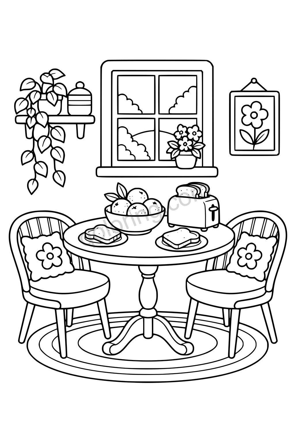 Black outline drawing of a cozy empty breakfast nook with a round table, two curved chairs, a bowl of oranges, a simple toaster and two broad slices of toast, with a small window.
