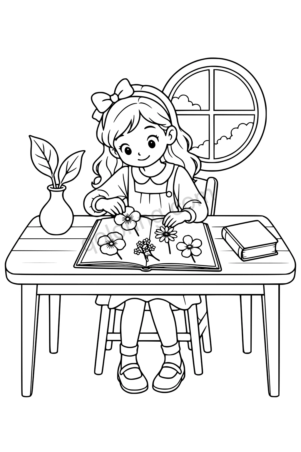 Black outline drawing of a child arranging pressed flowers in a scrapbook at a table.