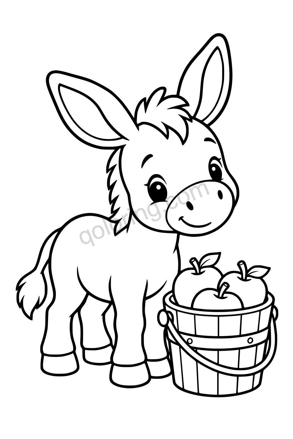 Black outline coloring page: Baby Donkey and the Apple Bucket.