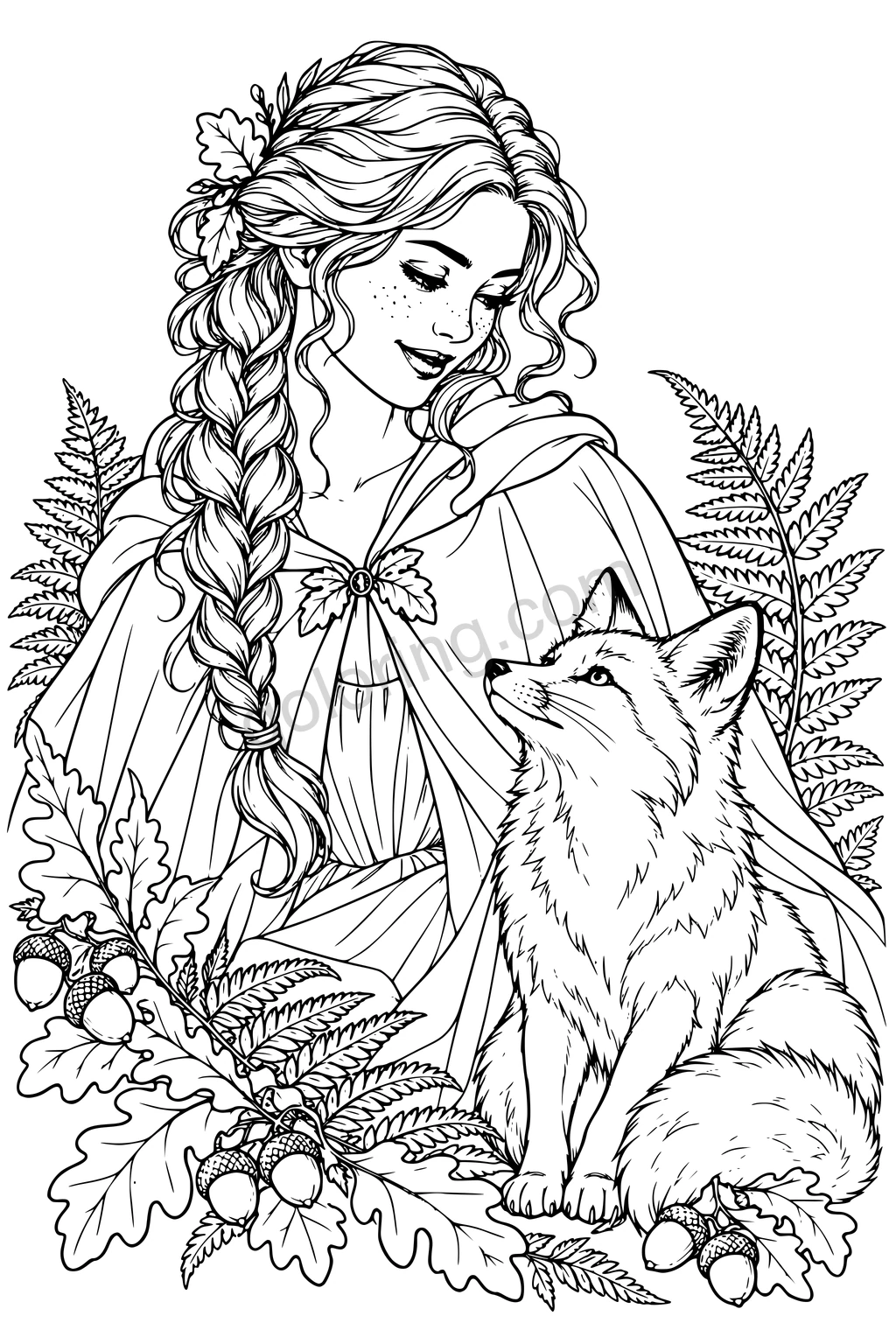 Black-line woodland portrait of a braided woman beside a seated fox, surrounded by ferns, oak leaves and acorns.