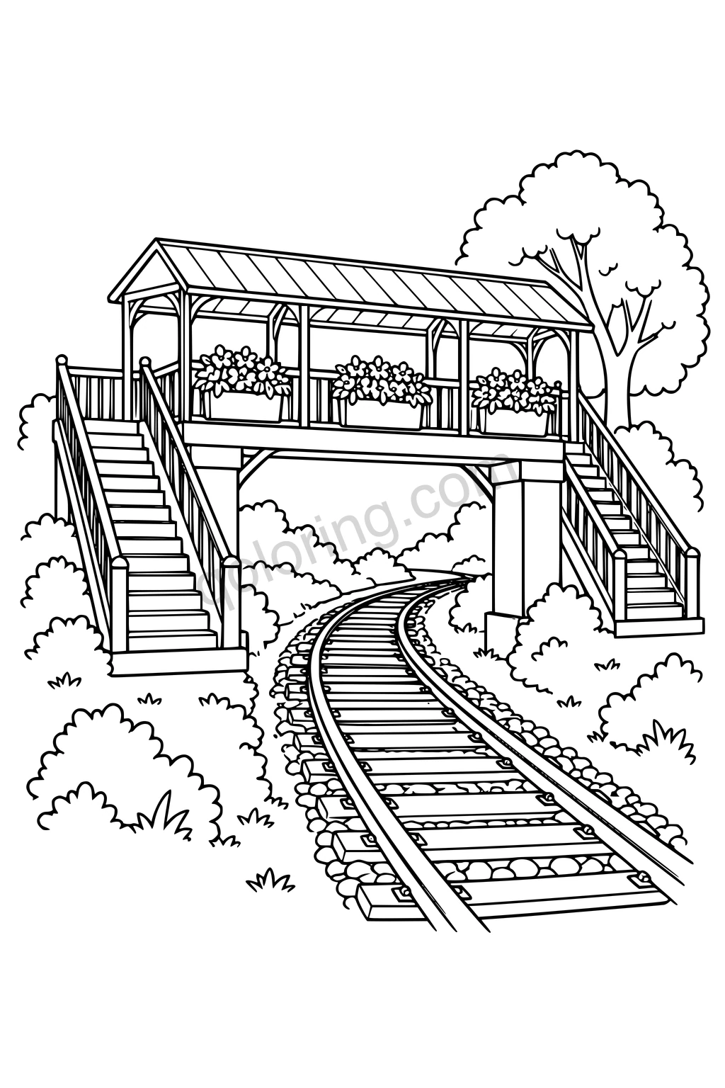 Black outline drawing of a covered railway footbridge with stairs and flower boxes.