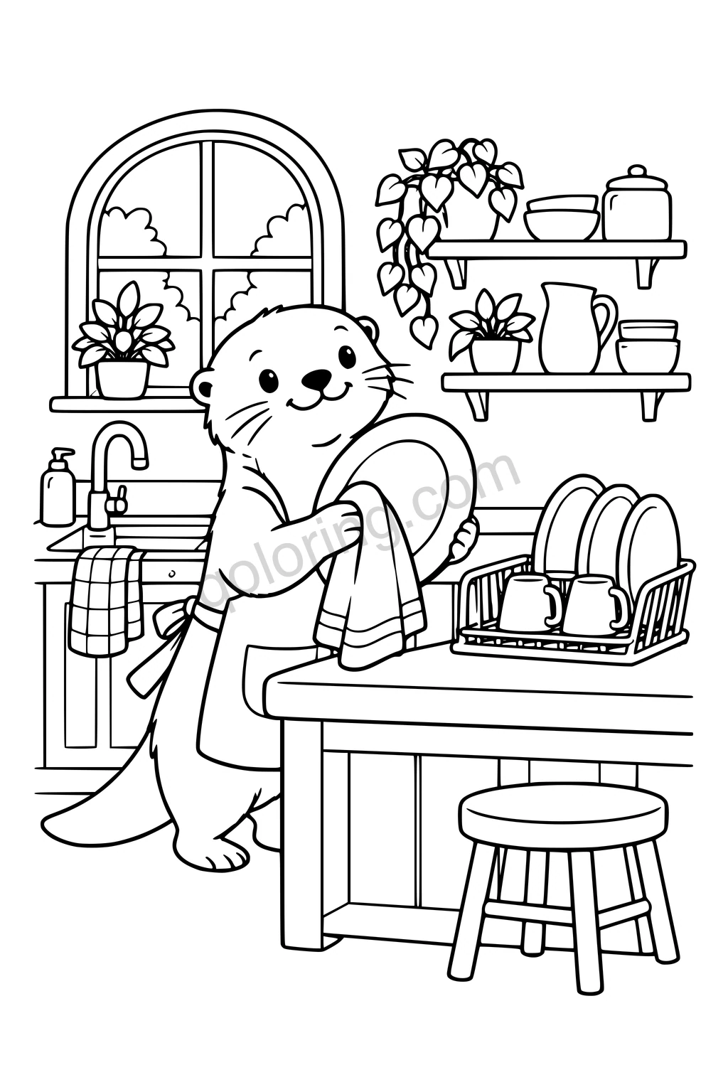 Black outline drawing of an otter standing at a broad kitchen counter drying one large plate with a towel, beside a simple draining rack holding three plates and two cups.
