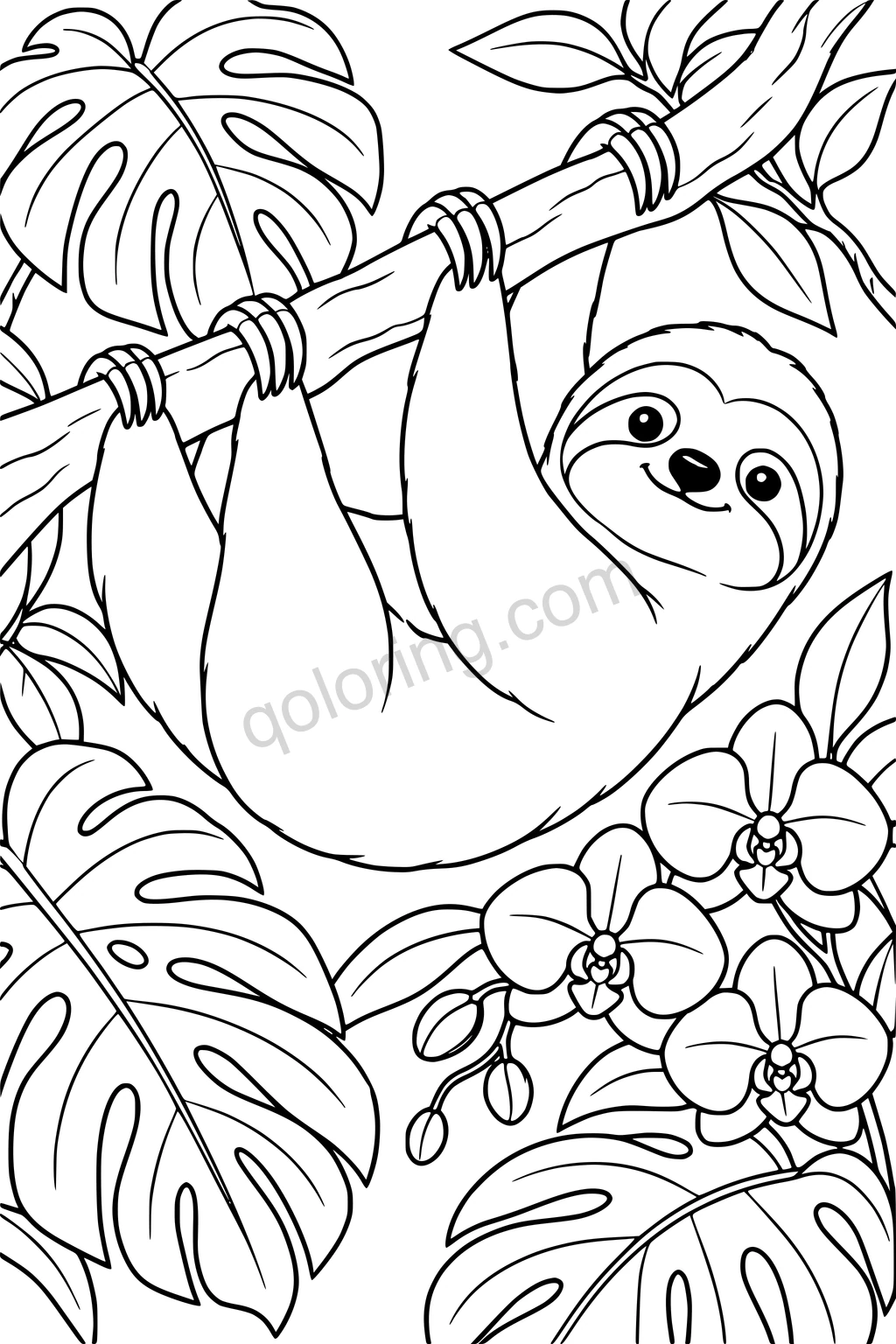 A sloth hangs from a diagonal branch with four gripping limbs, surrounded by monstera leaves and orchids.