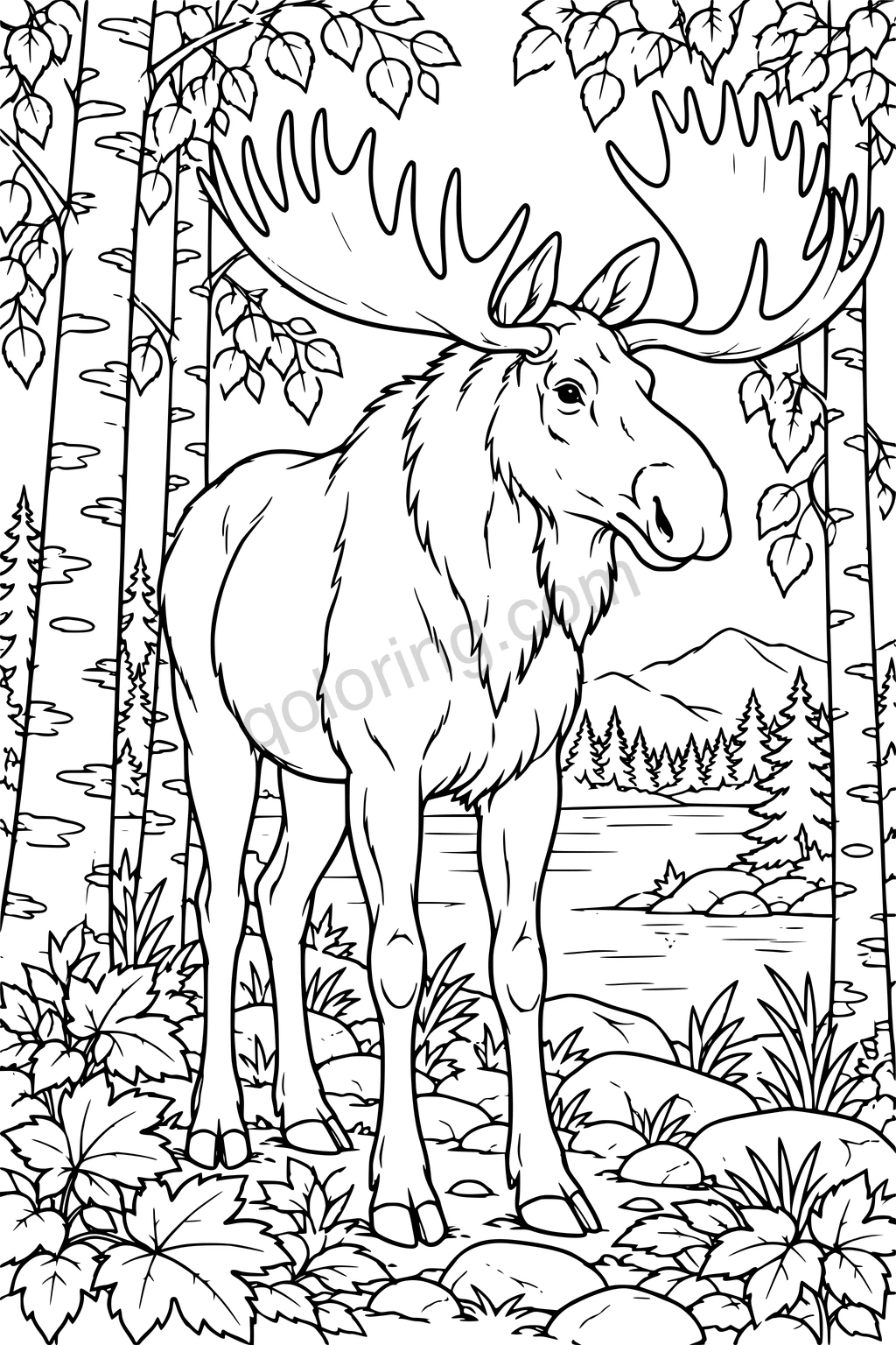 A moose with broad antlers stands among birch trunks and leafy plants beside a lake.