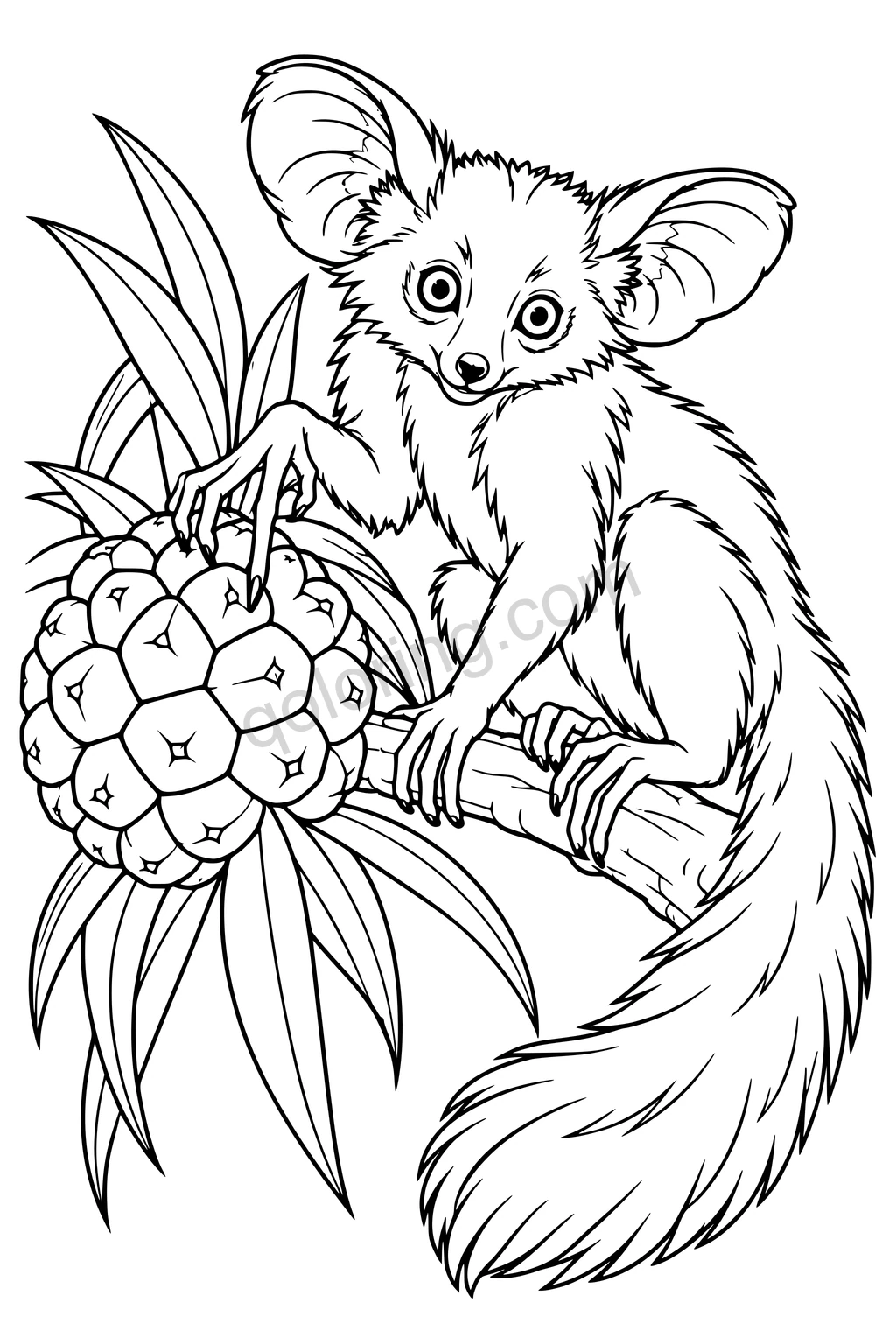 Black outline drawing of an aye-aye beside a pandanus tree.