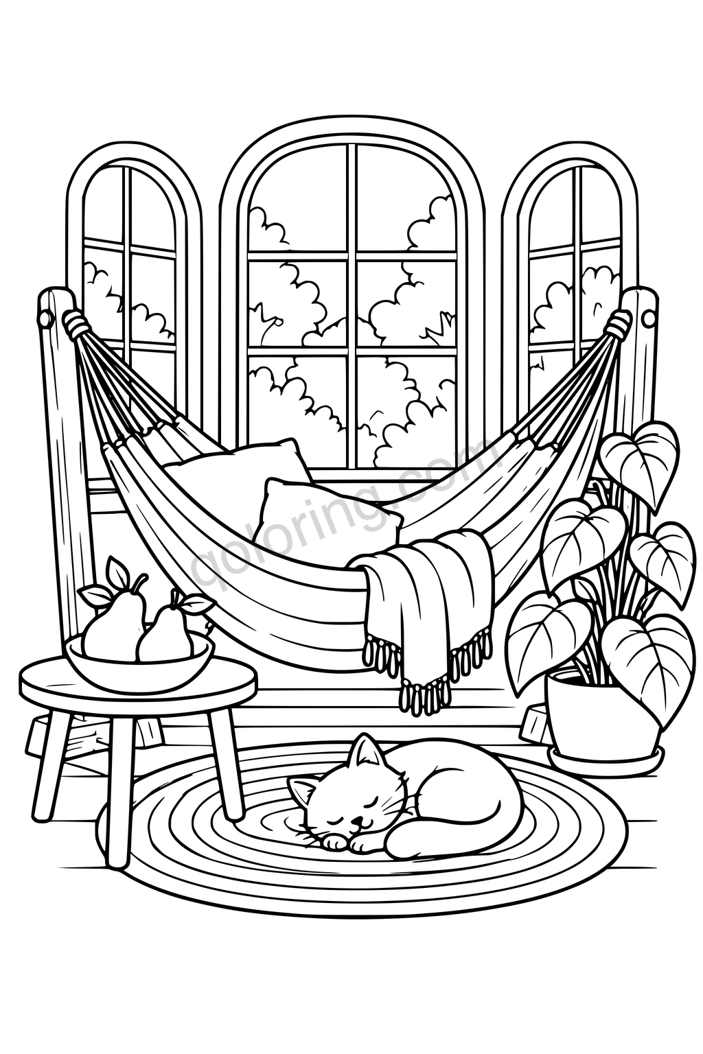 Indoor hammock with broad pillows and a blanket, pear bowl, leafy plant and sleeping cat on an oval rug.