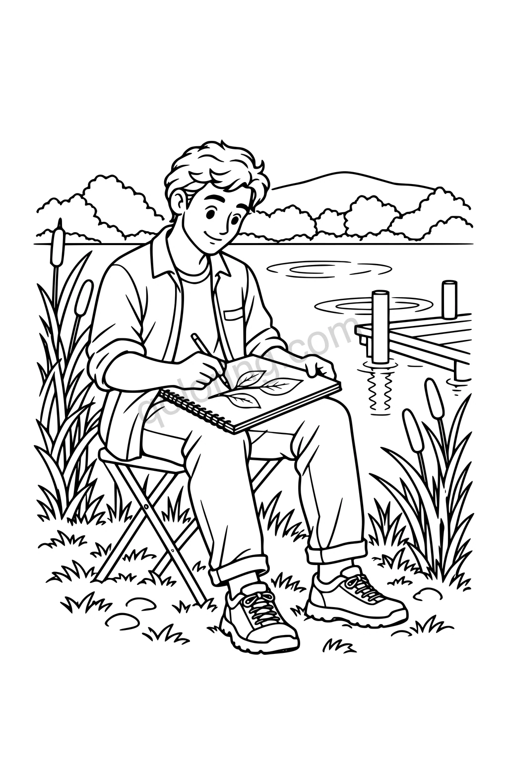 Black outline drawing of a seated man sketching leaves beside a lakeside pier.