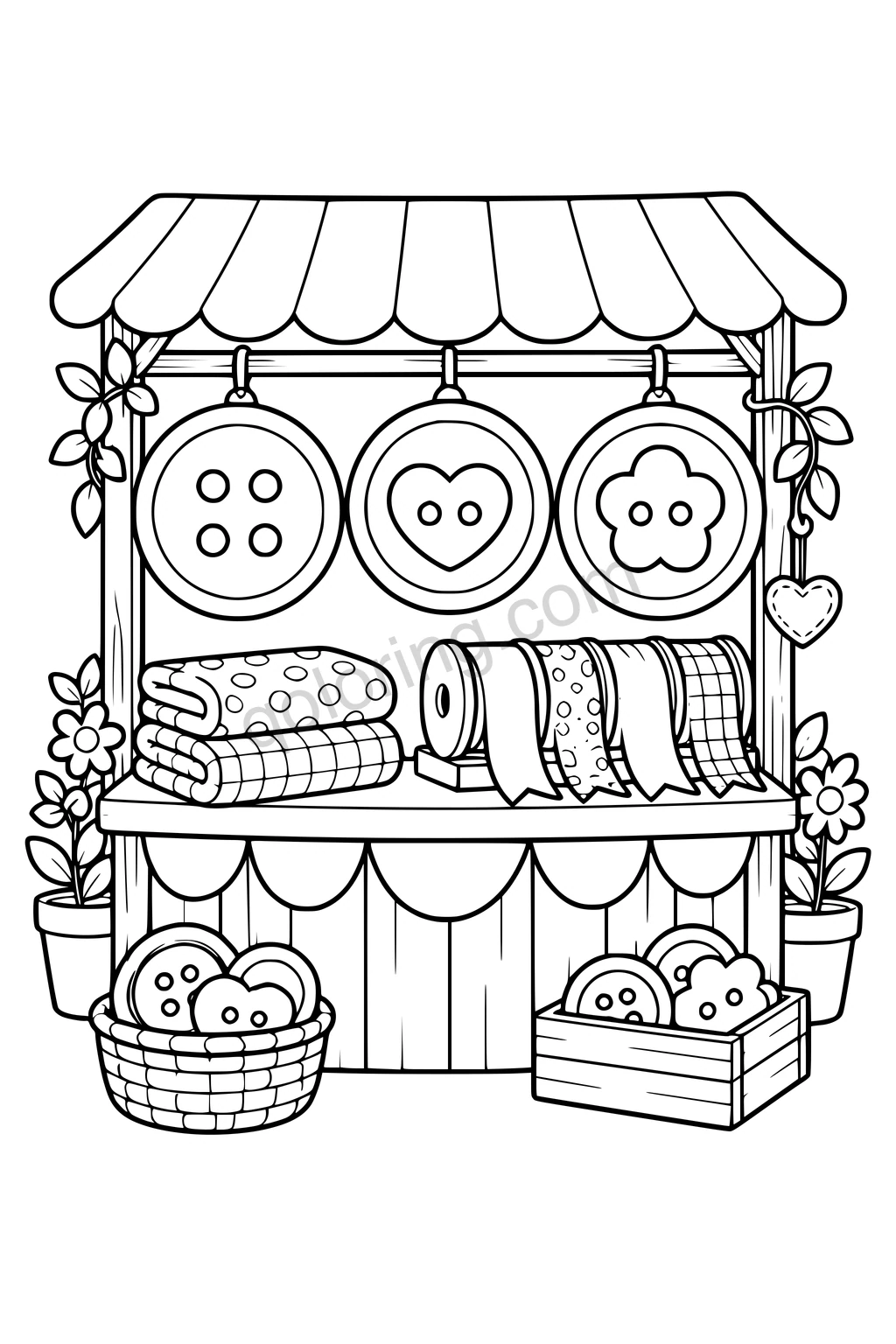 Black outline drawing of a charming open craft stall with three oversized button-shaped display boards, broad ribbon spools, two folded fabrics and a low counter, no text.