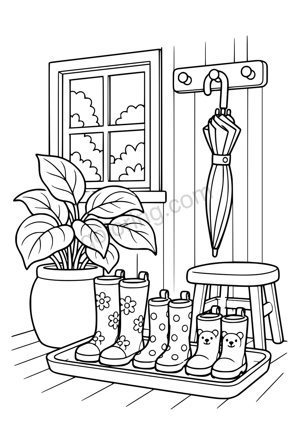 Black outline drawing of a tidy porch corner with three pairs of rounded rain boots on a broad tray, a closed umbrella hanging from a peg, one wide-leaf plant and a simple stool.