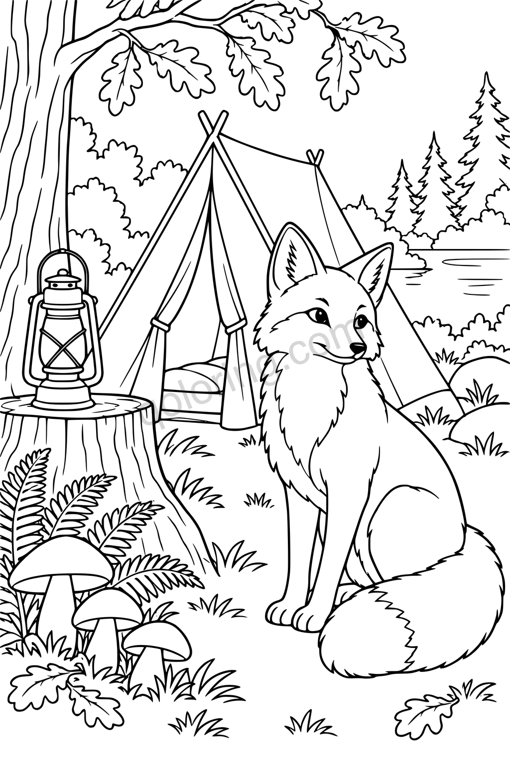 Black outline drawing of a seated fox beside a tent, a lantern on a stump, mushrooms, ferns, and a lake.