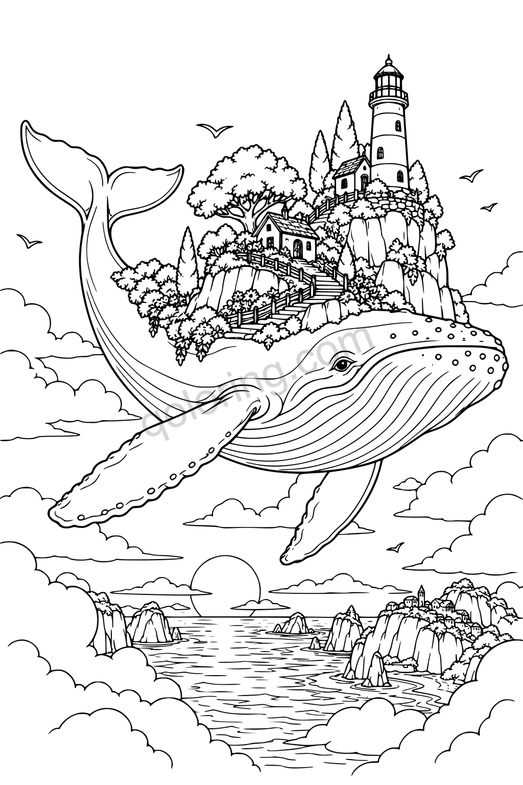 A flying whale carries a lighthouse and small cottages on a rocky island above clouds, sea and distant cliffs.