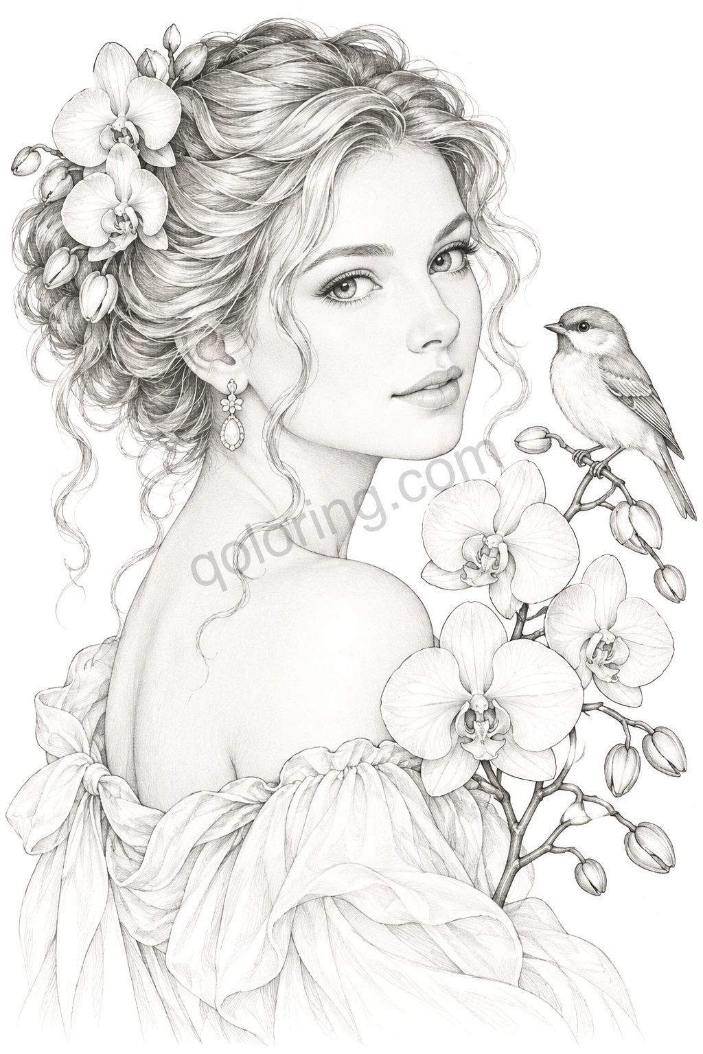 A woman with swept braided hair and orchid blossoms shares a quiet moment with a small songbird.