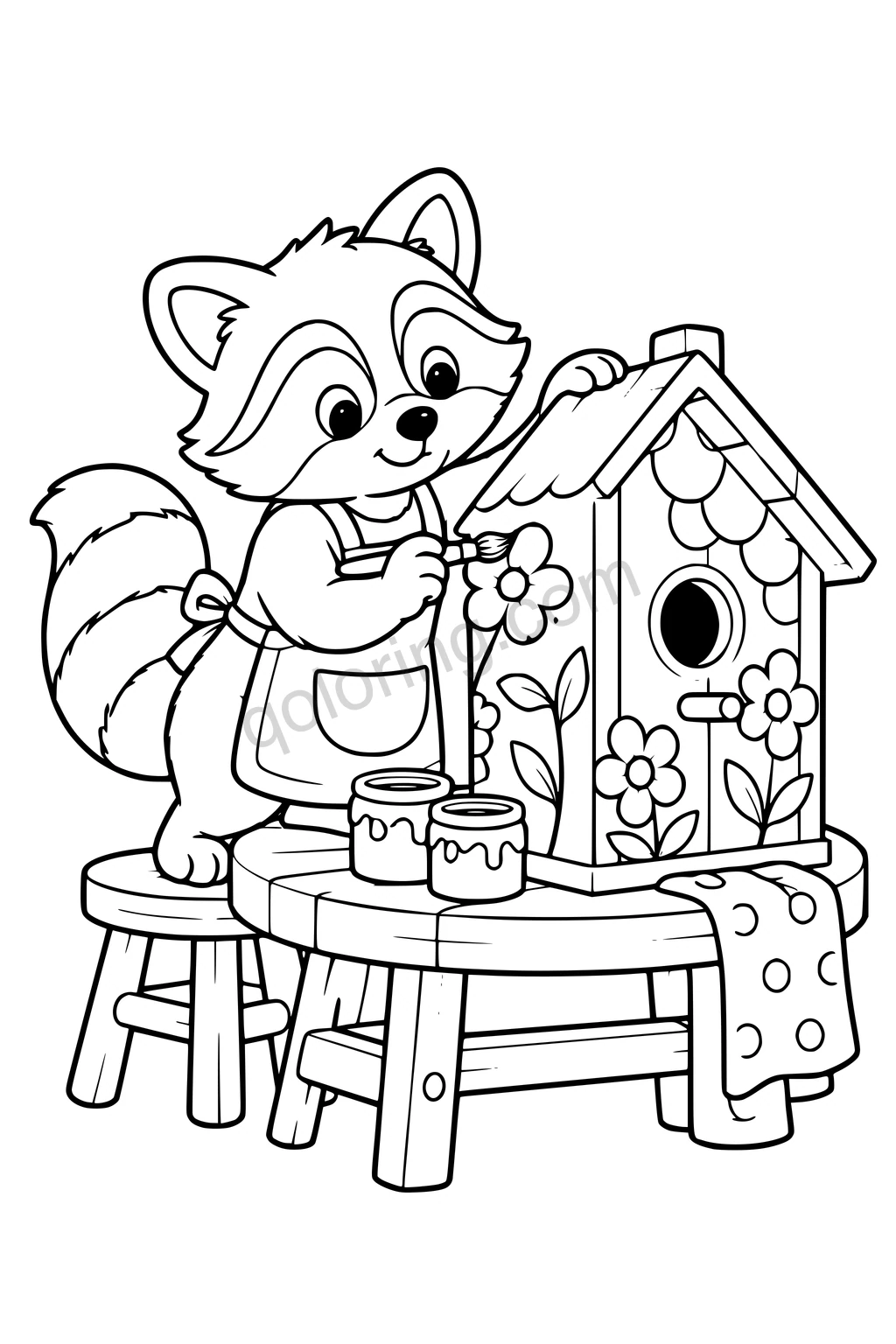Black outline drawing of a raccoon using a small brush to decorate a large simple birdhouse with broad flower outlines, with two paint pots and a rounded workbench, no filled colors.