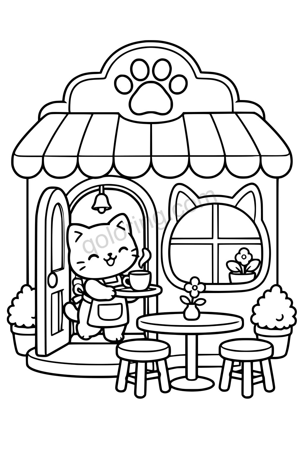 Black outline coloring page: Kitten Cafe with a Paw Awning.