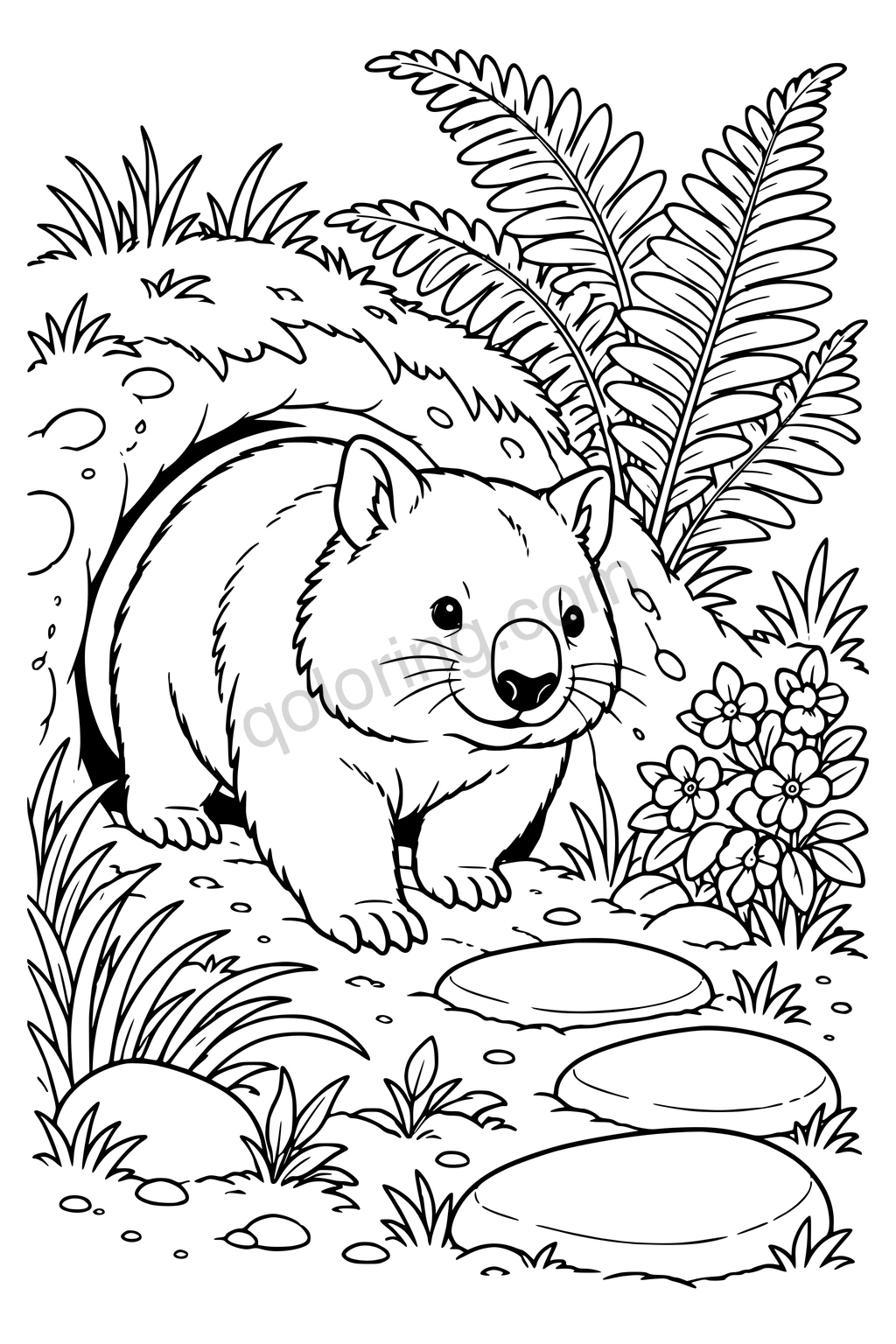 Black outline drawing of a wombat at a grassy burrow.
